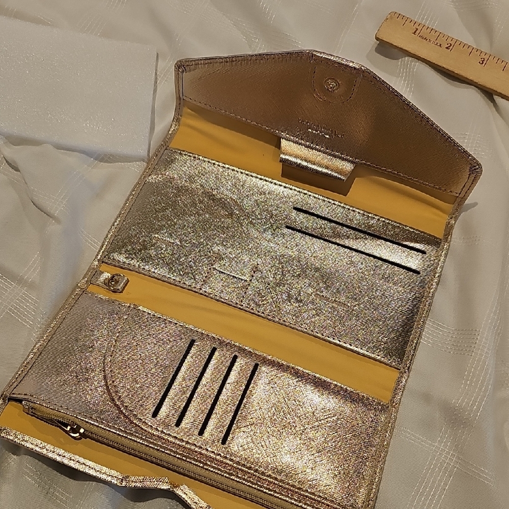 Gold Metallic Wallet with Elegant Clasp Closure